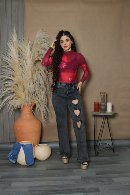 Jean gris corazones pedrería straight fit ( ref 12-04)